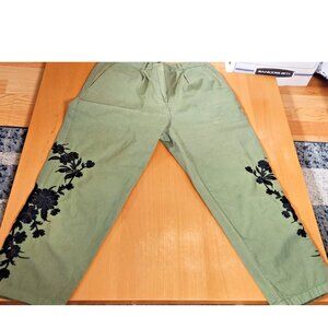 Zara Olive Embroidered High Rise Straight Leg Pants Size 6